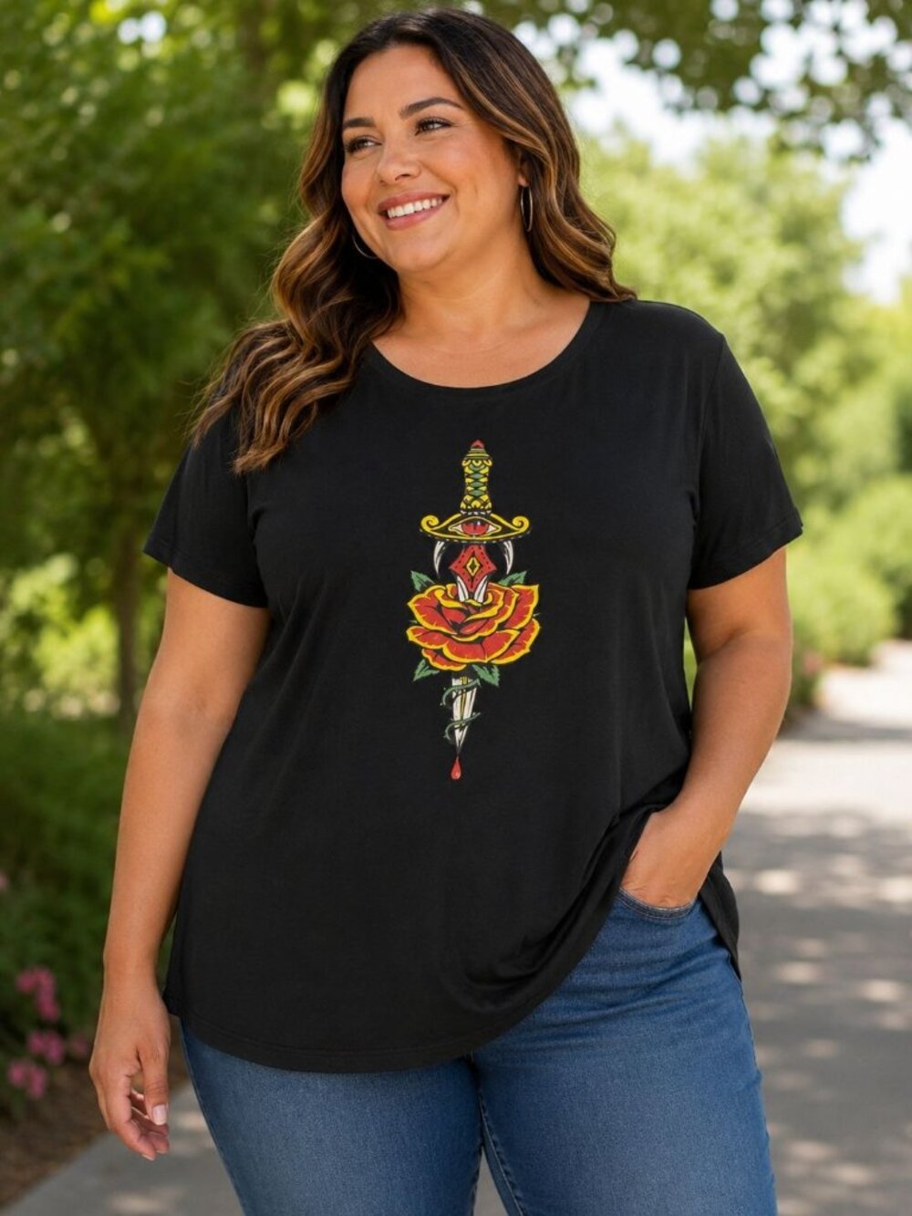 Torrid Black Classic Fit T-Shirt With Rose & Dagger Graphic 4 Polyester Blend